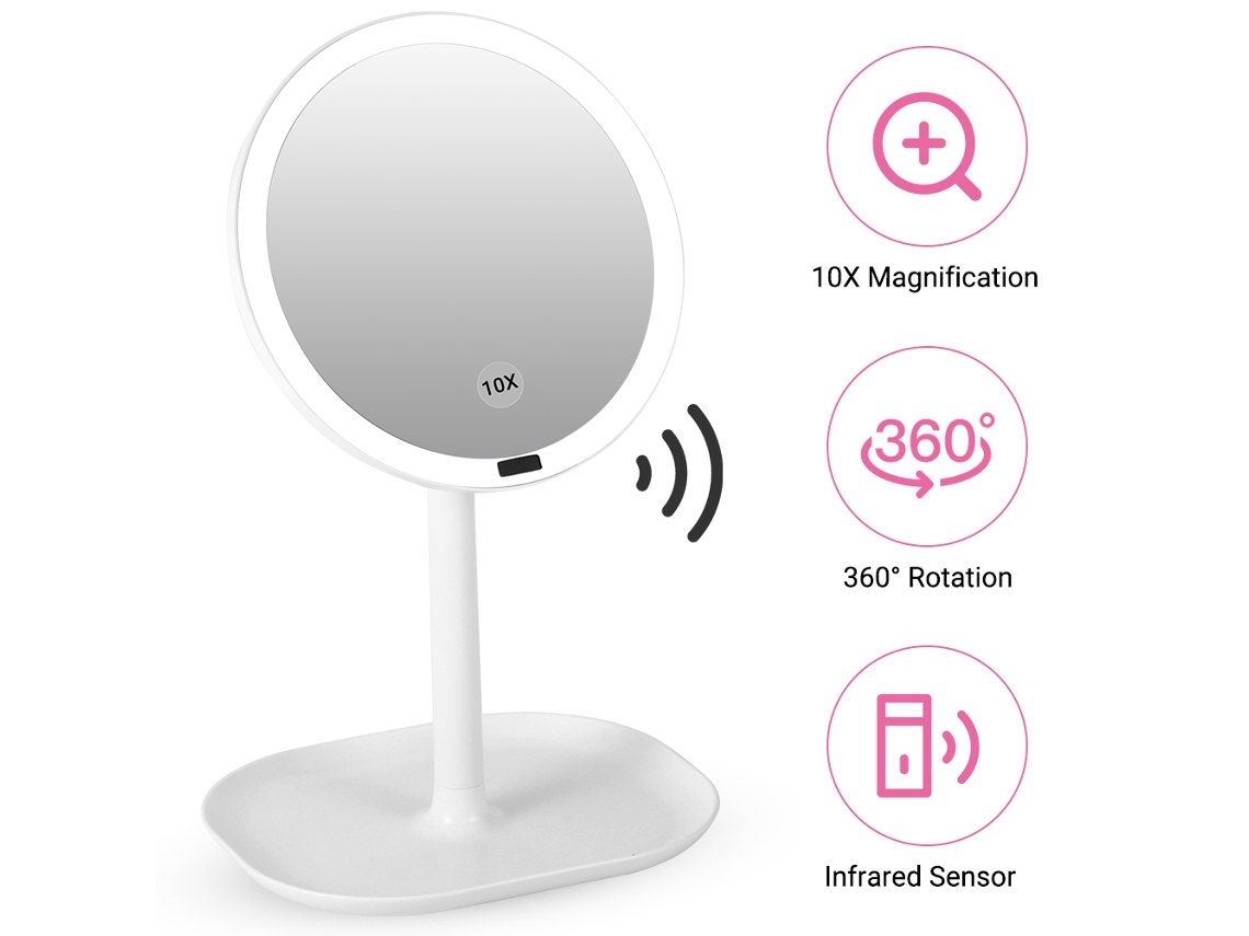 Espelho de Maquiagem com Sensor e Luz Led 10x Ajustável 360° Chassi de Armazenamento Usb