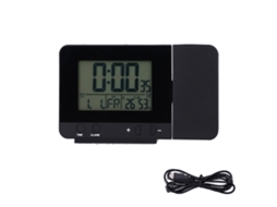 Relógio de projeção Baok preto com tela LCD, exibição de hora e temperatura, carregamento USB, multifuncional para casa.