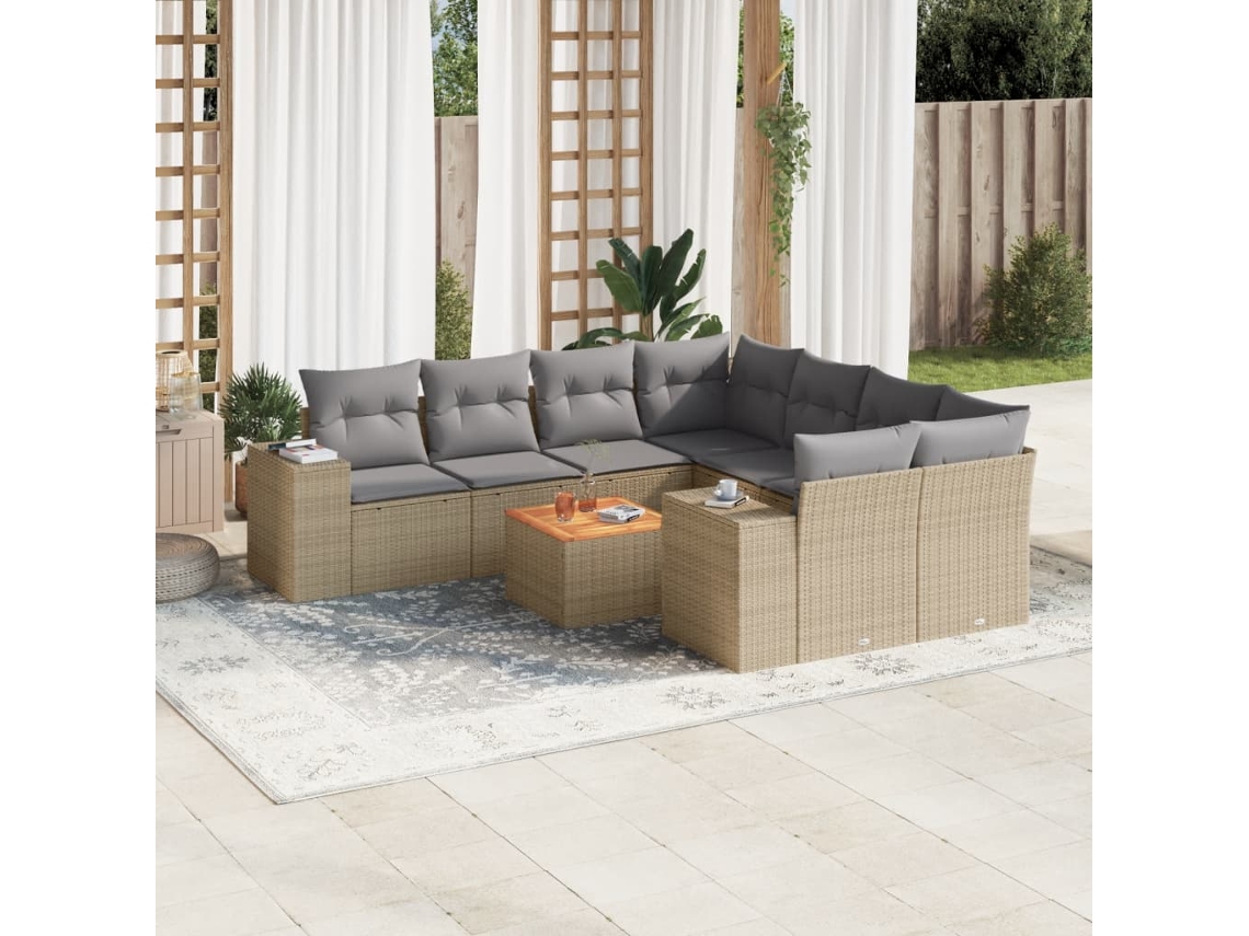 Vidaxl 9 Pcs Conjunto de Sofás P/ Jardim com Almofadões Vime Pe Bege