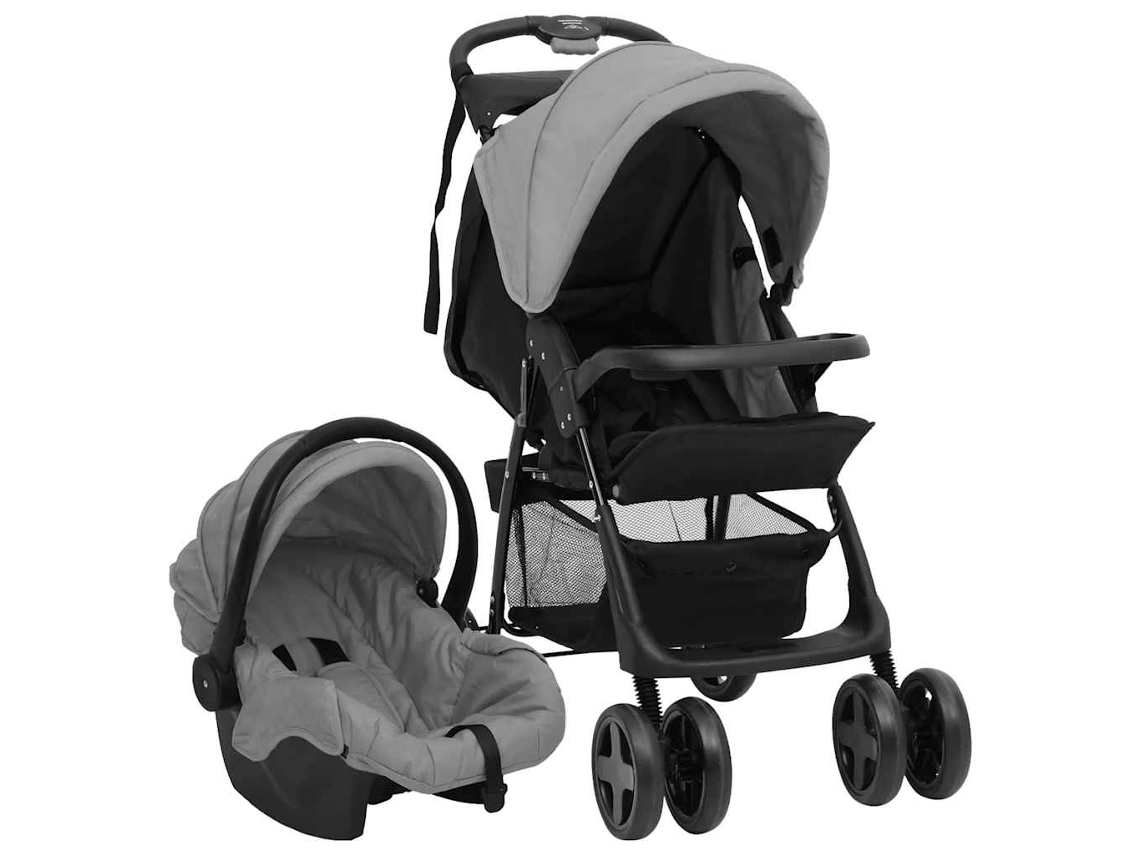 vidaXL Carrinho de bebé 3-em-1 aço cinzento-claro e preto