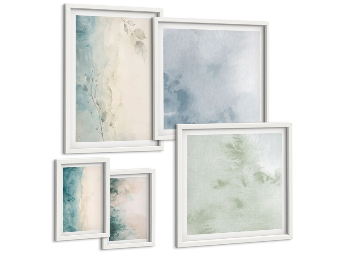 Galeria De Pinturas Murais Linhas, Ondas, Minimalismo Pastel Moldura Branca Quadros Para A Sala De Estar Espelharte (conjunto De 5 Imagens)