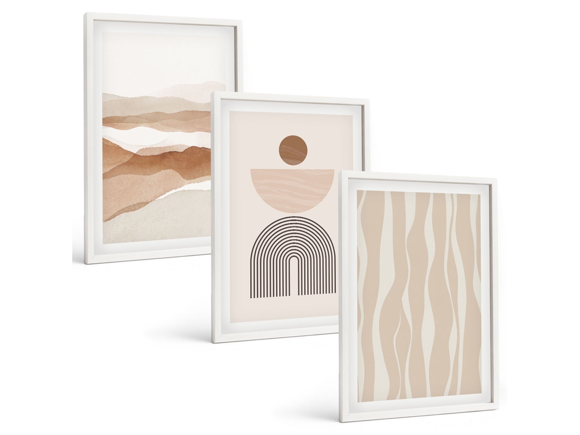 Pinturas Murais Modernas Paisagem Abstrata, Natureza E Geometria Moldura Branca Quadros Para O Escritório Espelharte (3 Piezas De 40x60 Cm)