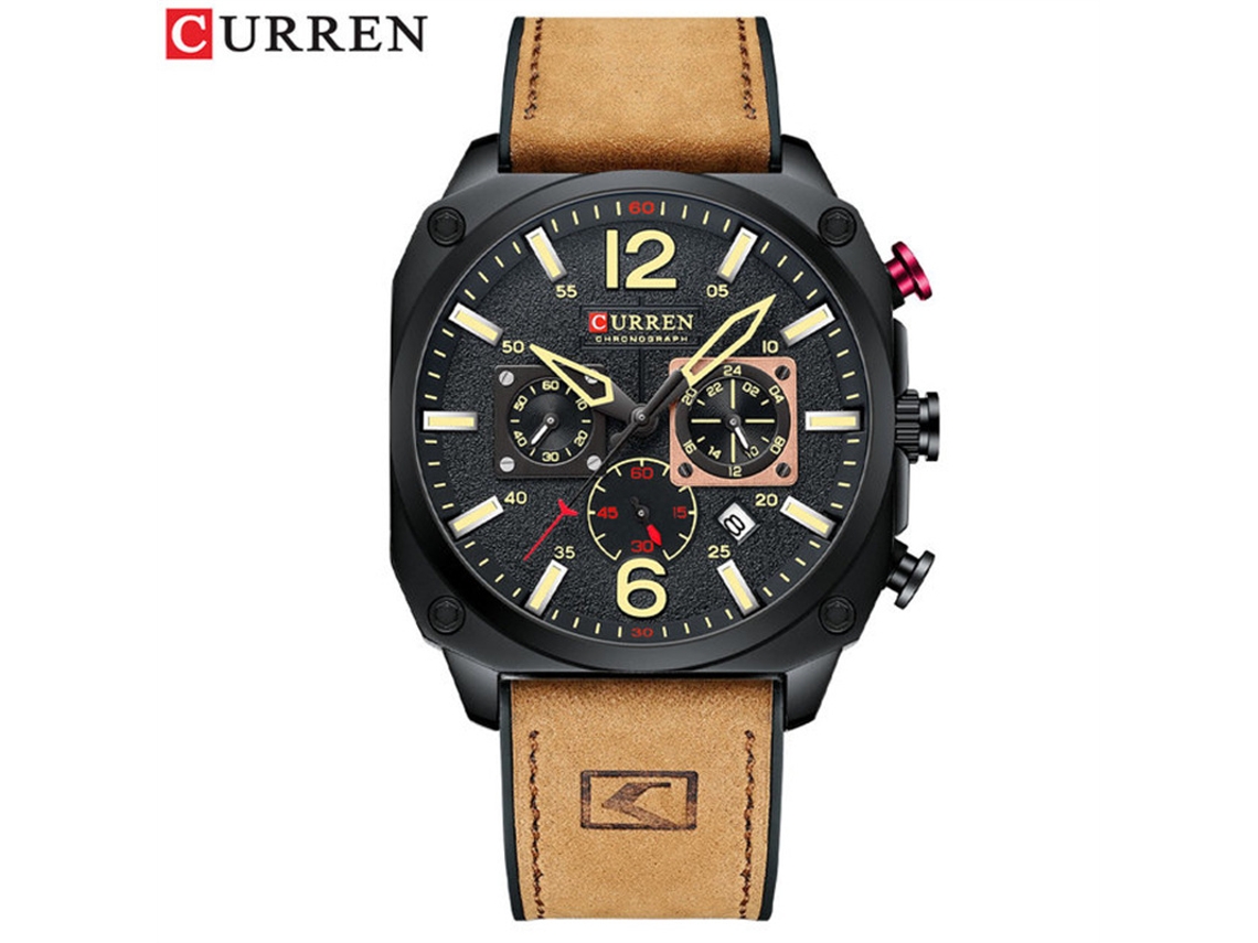 Relógio Casual Masculino com Pulseira de Couro, Cronógrafo, Pequenos Segundos e Data MDUG (amarelo e Preto)