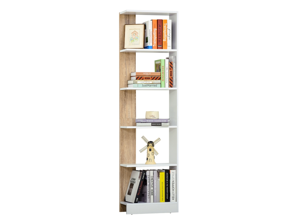 Prateleira De Armazenamento Com 5 Estante Multiuso Para Escritório Com Base Elevada Design Elegante 45x21x170 Cm Branco E Carvalho