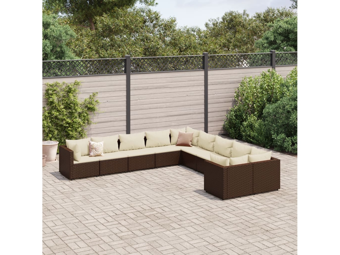 Vidaxl 10 Pcs Conj. Sofás Jardim Com Almofadões Vime Pe Castanho
