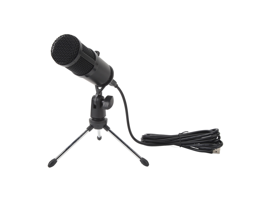 Microfone condensador com cancelamento de ruído para gravação, suporte anti-choque e base triangular para rádio e telefone.
