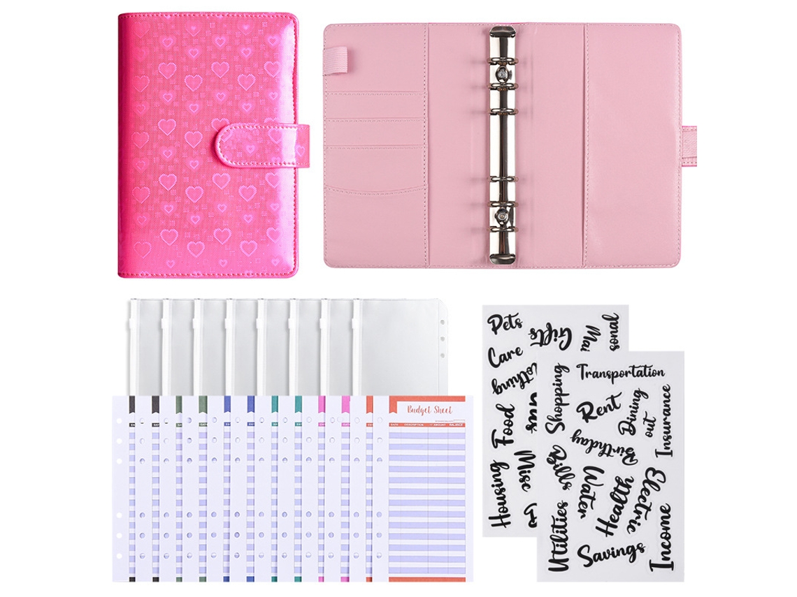 A6 Laser Macaron Pu Leather Cash Budget Planner Loose Leaf Notebook Standard Gift Set, Love Rose Red 12-budget Cards