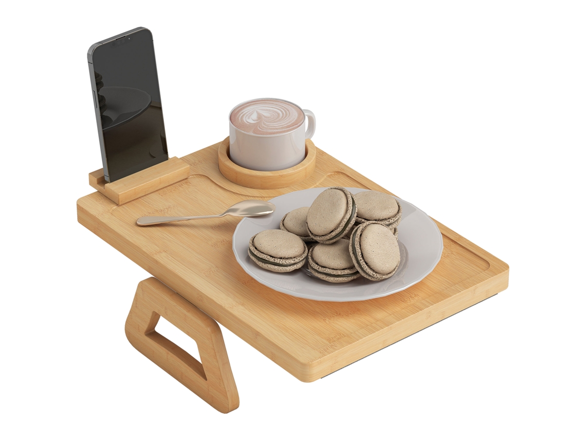 Bandeja Para Apoio De Braço De Sofá Em Bambu Com Porta-copos Extraível E Suporte Giratório 360° 33x23x5 Cm Madeira
