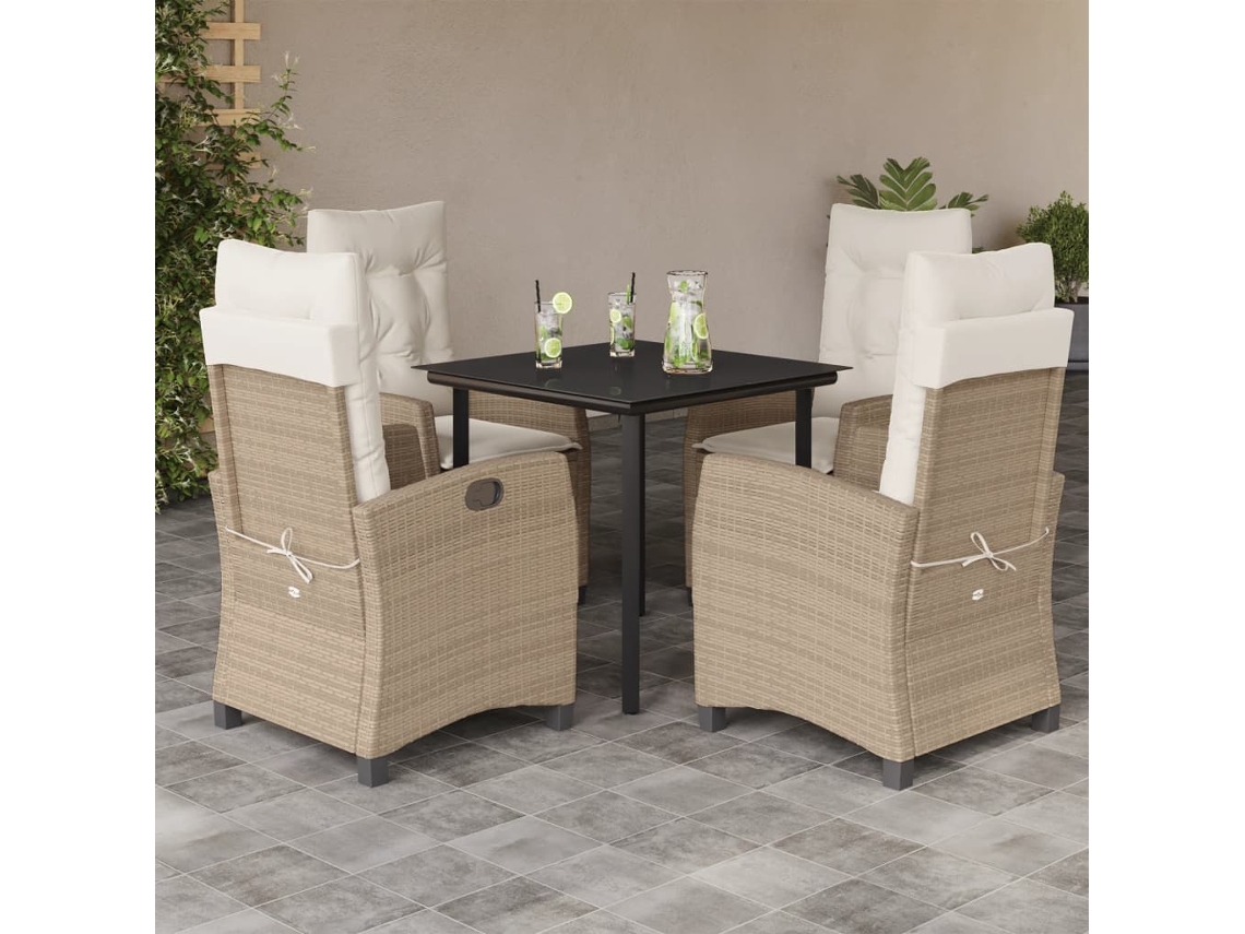 Vidaxl 5 Pcs Conjunto De Jantar P/ Jardim Com Almofadões Vime Pe Bege