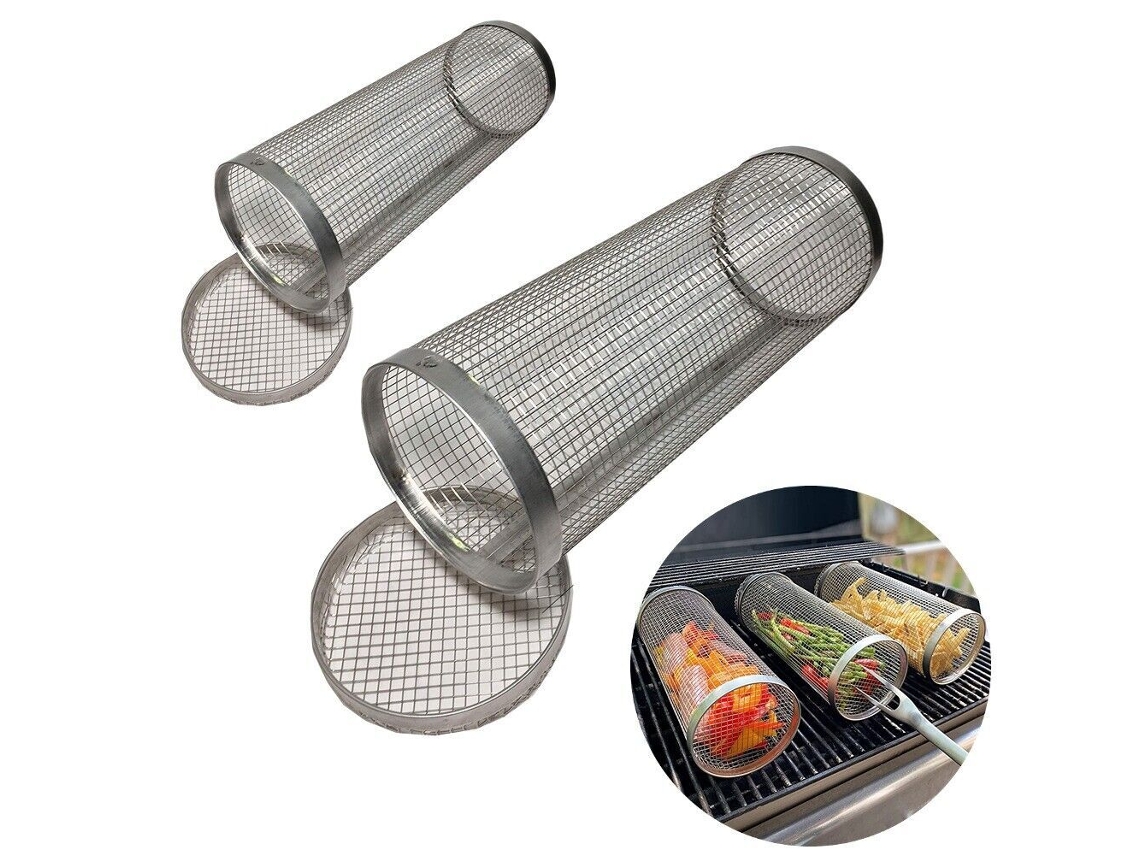 2 Peças Cesta De Grelha Giratória Cilindro De Rede Para Churrasco Grelhar Carne Vegetais Gaiola-20x9x9 SUNNY SPACES
