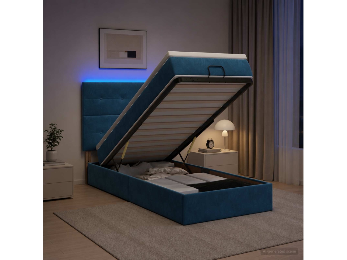 Vidaxl Cama Ottoman Com Colchão E Led Azul Escuro 90 X 190 Cm Veludo