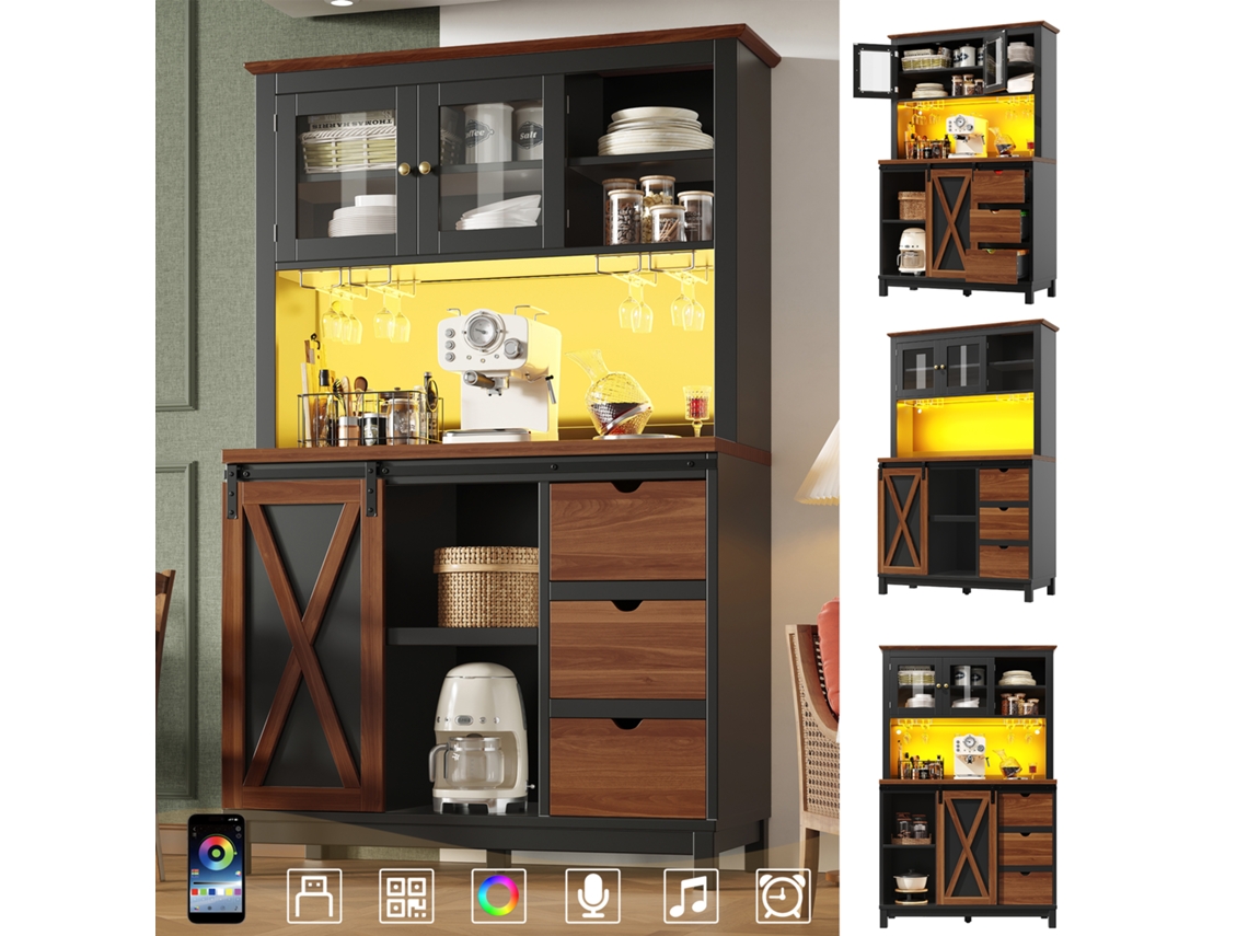 Armário Alto Moderno Com Luz Led E Controle Via App, Armário De Cozinha Ou Sala Com Gaveta, Aparador Com Porta De Correr E Três Gavetas, Preto.