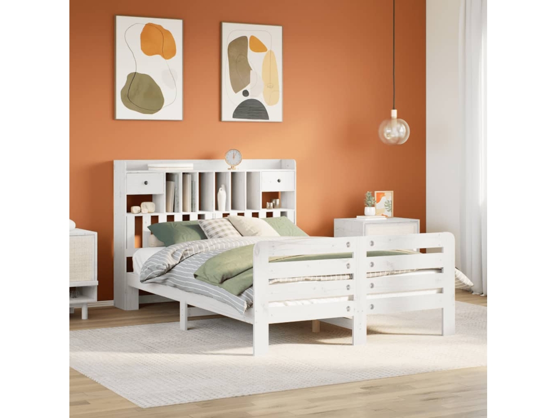 Vidaxl Cama Com Estante Sem Colchão 140x200 Cm Pinho Maciço Branco