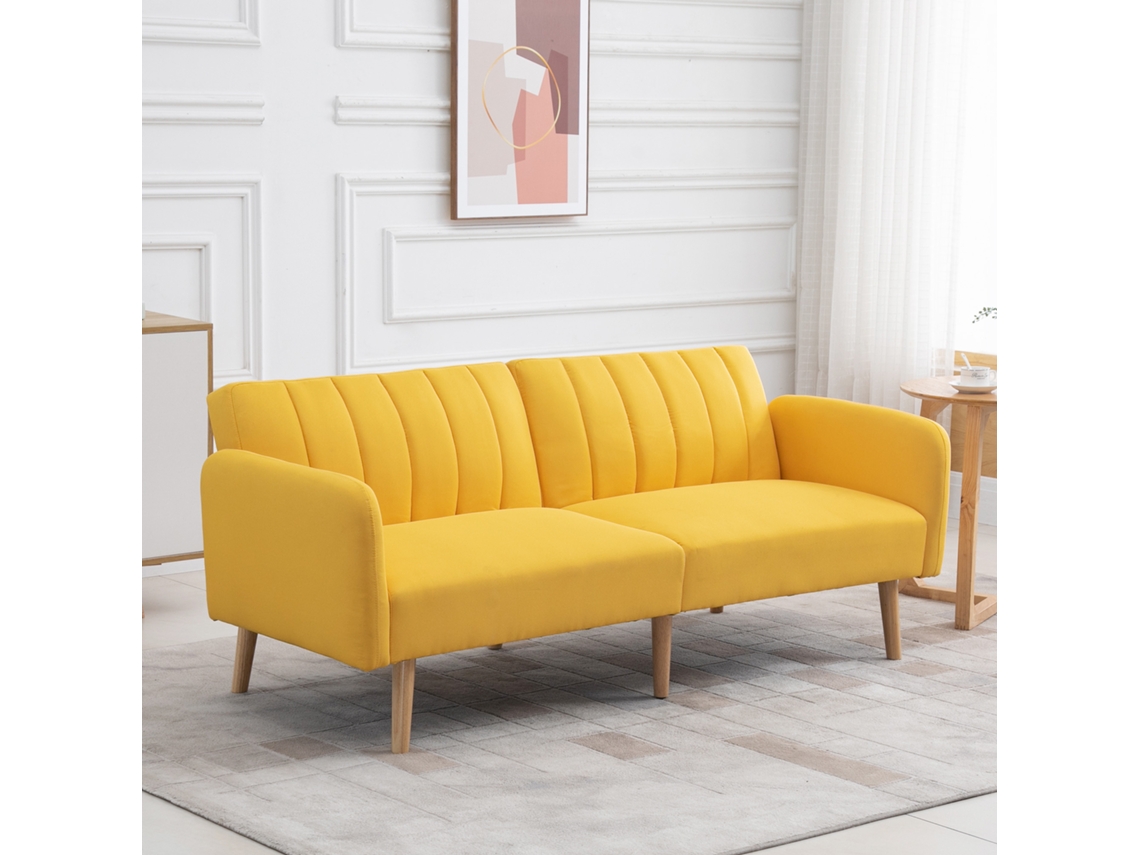 Sofá-cama Dobrável 2 Lugares, 173x75x73cm, Amarelo, Estofado Em Linho Sintético, Com Encosto Ajustável E Braços Removíveis