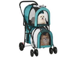 Carrinho Duplo Dobrável Com 2 Transportadoras Removíveis, Cinto, Almofadas 66x50x98cm, Cinza, Verde