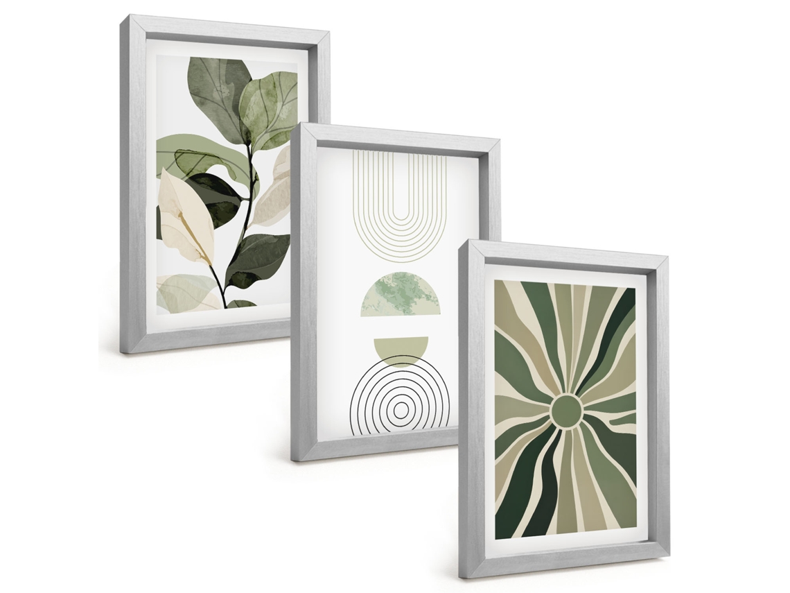 Conjunto De Pinturasmotivos Vegetais, Geometria Verde Moldura Prateada Quadros Para A Sala De Estar Espelharte (3 Peças 20x30 Cm)