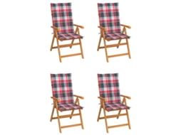 Vidaxl Conjunto De 4 Cadeiras Dobráveis Com Almofadas Em Padrão Xadrez Vermelho E Madeira Maciça De Teca.