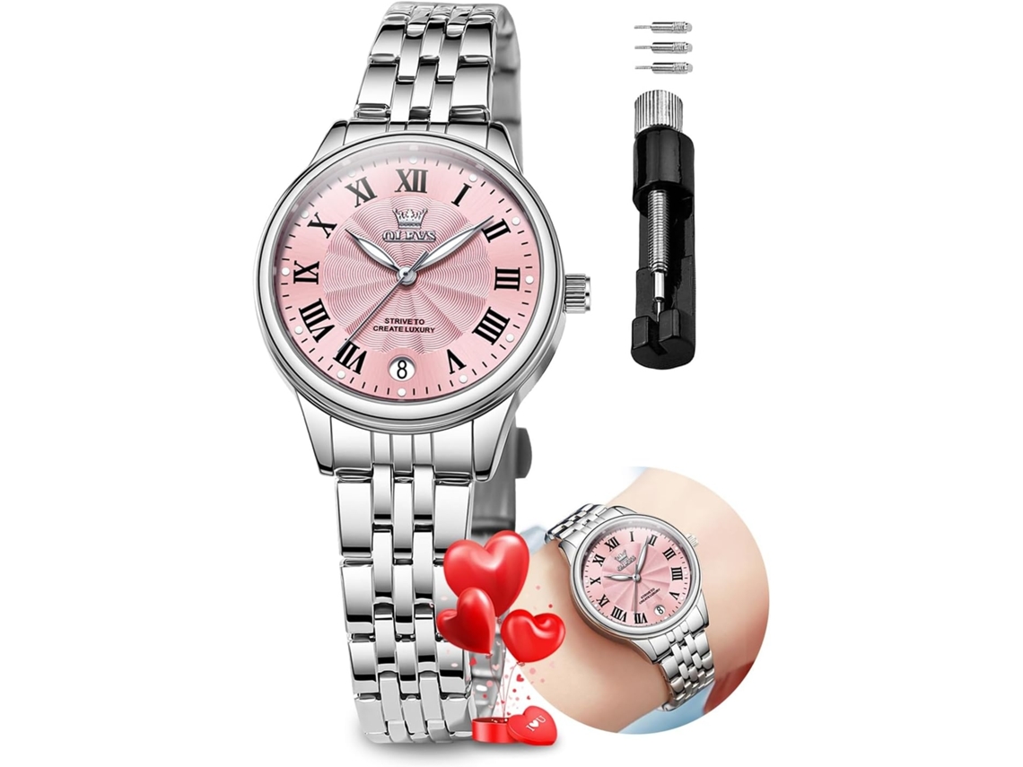 Lurelia Relógio Feminino, Movimento De Quartzo, Data/calendário, Luminoso, Detalhes Com Strass, Aço Inoxidável, Rosa