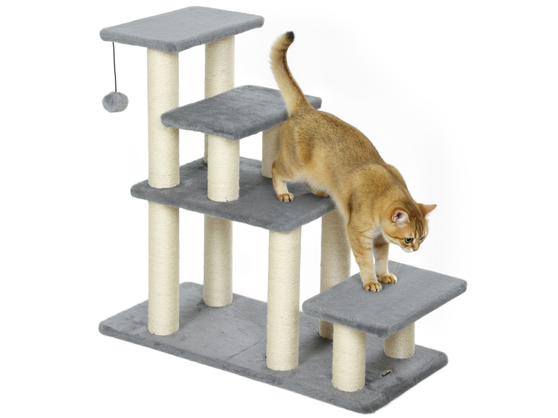 Escada para Animais Ajustável de 3 Ou 4 Degraus com Postes Arranhadores e Bola Suspensa 70x32x68 Cm Cinzento Ge