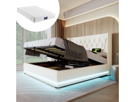 Cama Box Casal 160x200 Cm, Branca Em Pu Com Armazenamento Hidráulico, Cabeceira Acolchoada Com Usb Tipo-c E Led 3 Lados (inclui Colchão)