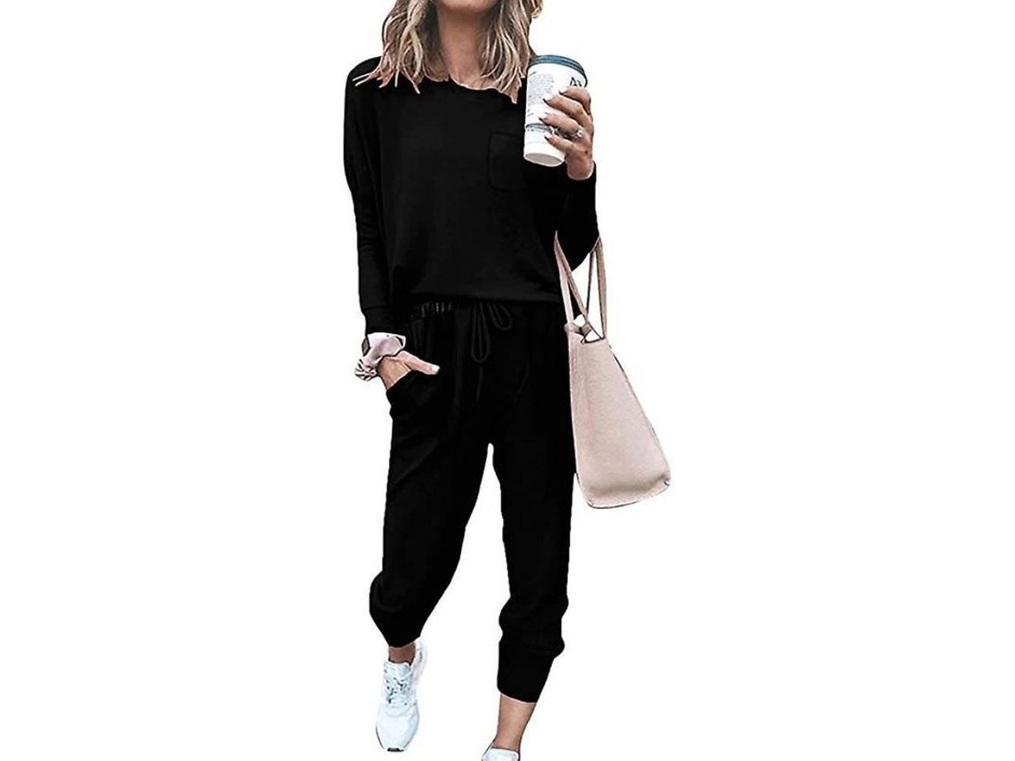 2026 conjunto de Pijama para Mulher de Duas Peças com Bolsos e Corte Amplo Dfg S Negro