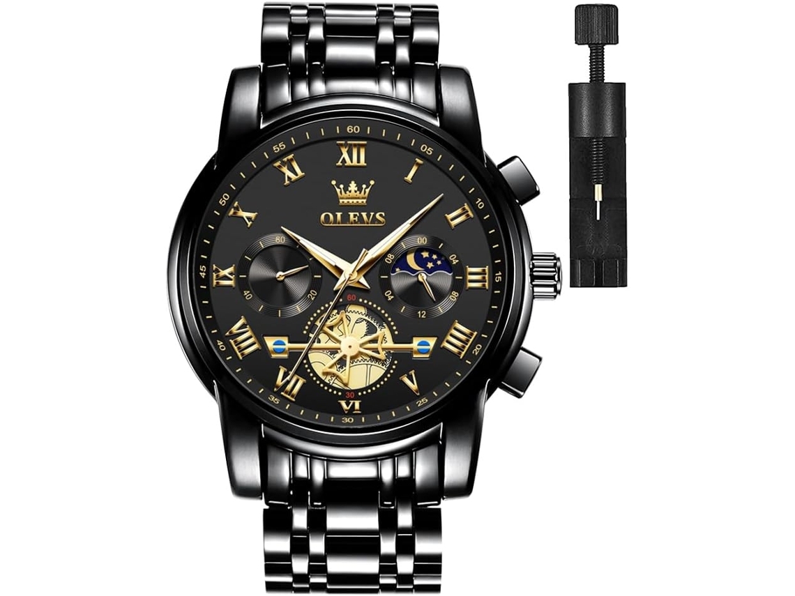 Relógio Masculino Quadrado Diamante Quartzo Data Luxo Aço Inoxidável À Prova DÁgua Luminoso de Dois Tonspreto
