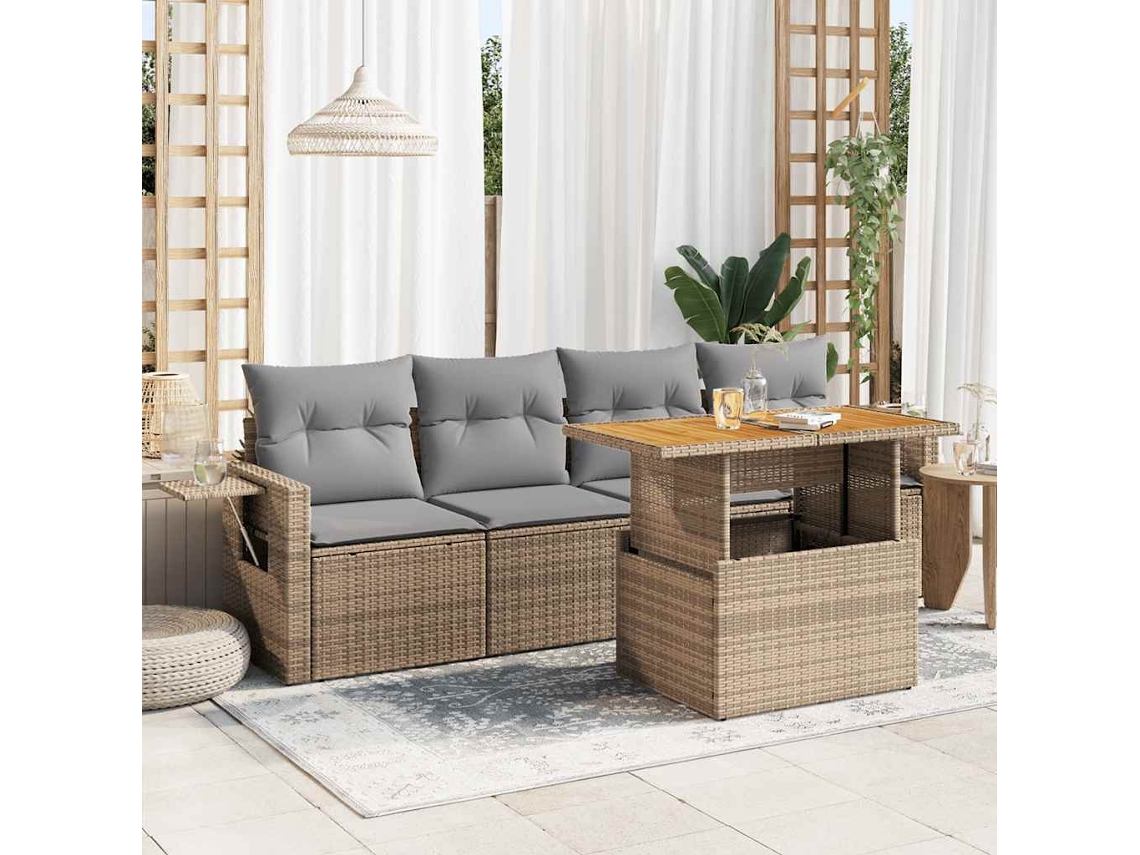 Vidaxl 5 Pcs Conjunto De Sofás P/ Jardim Com Almofadões Vime Pe Bege