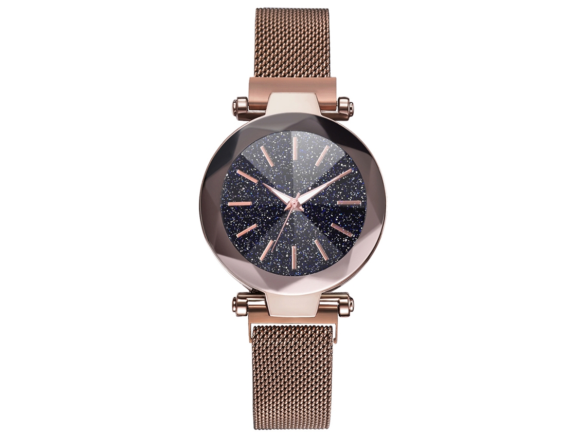 Relógio Feminino de Quartzo com Pulseira de Malha e Botão Magnético Mostrador Redondo Liga (café)