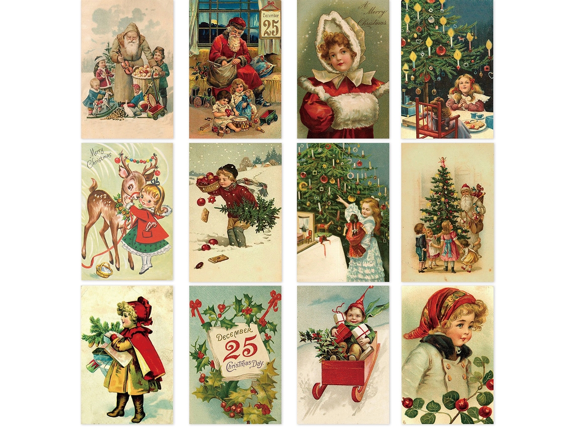 12 Peças Cartões Postais Da Série De Natal Retrô Cartões De Felicitações De Feliz Natal Mulher Fada Alce Velho Aquaforge