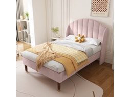Cama Solteiro Rosa 90x200cm Estofada, Veludo, Cabeceira Ajustável, Ripas. -op