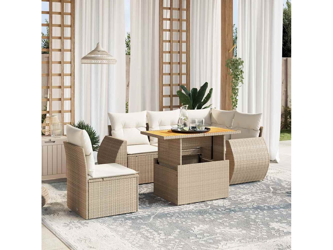 Vidaxl 6 Pcs Conjunto De Sofás P/ Jardim Com Almofadões Vime Pe Bege