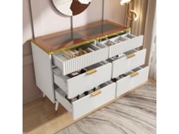 Kommode Sideboard Bernstein Glas, 6 Schubladen, 120x40x76cm, Kippsicher, Weiß-hm