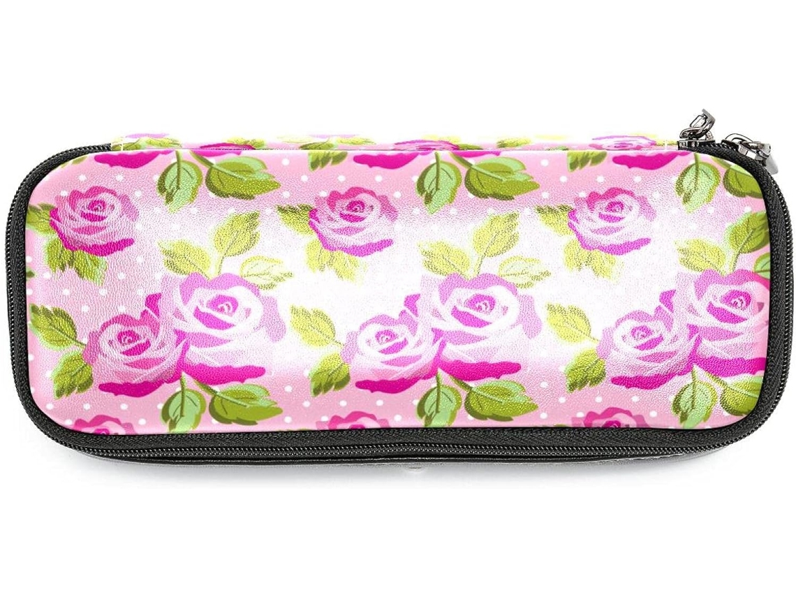 Organizador de maquiagem retrô com estampa de rosas cor-de-rosa e folhas verdes, grande capacidade, ideal para guardar maquiagem.