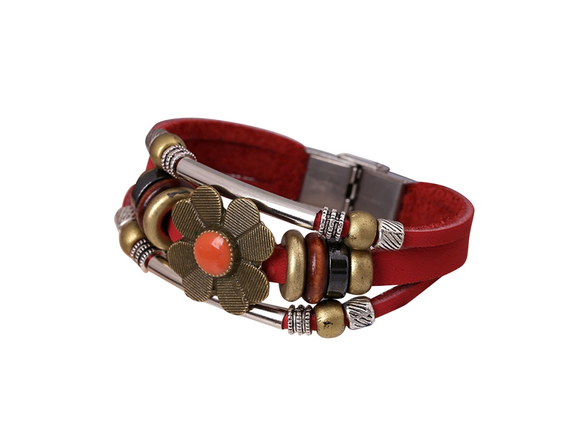 Pulseira De Couro Punk Com Pérolas E Flores Estilo Alternativo