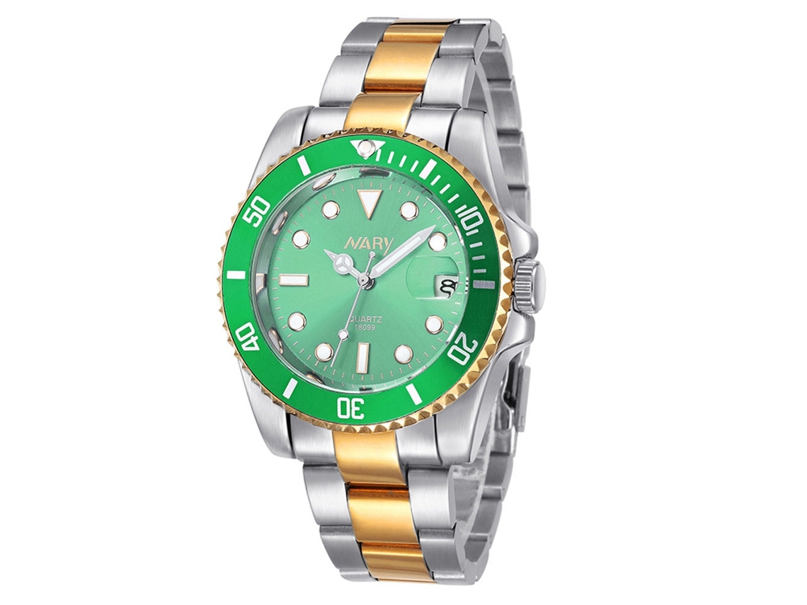 Reloj Hombre Nary 18099 De Acero Pulido Correa Redonda Dial Oro Y Verde Cuarzo