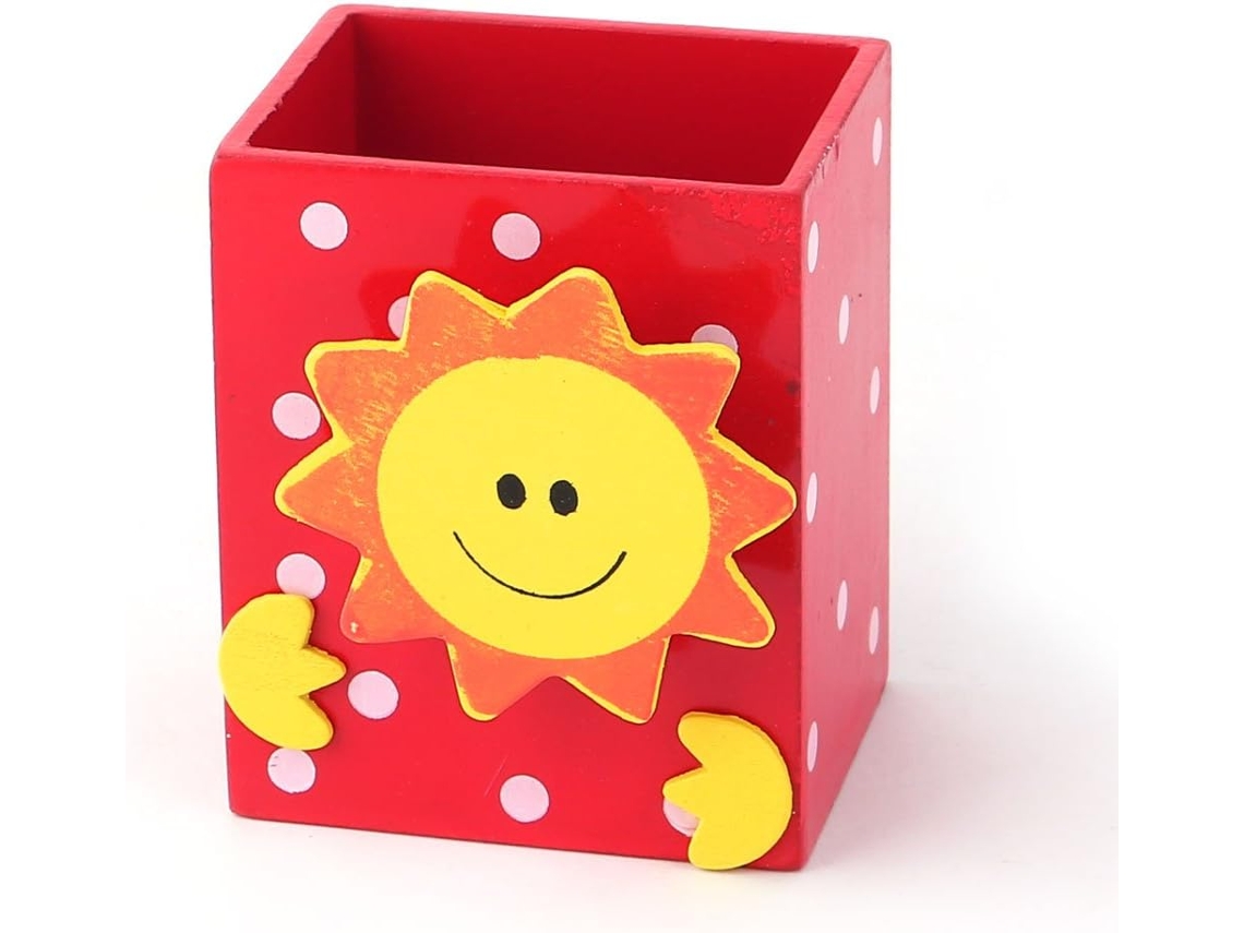 Porta Lápis De Madeira Vermelha Ruilogod Smile Sun Com Prendedor Notas