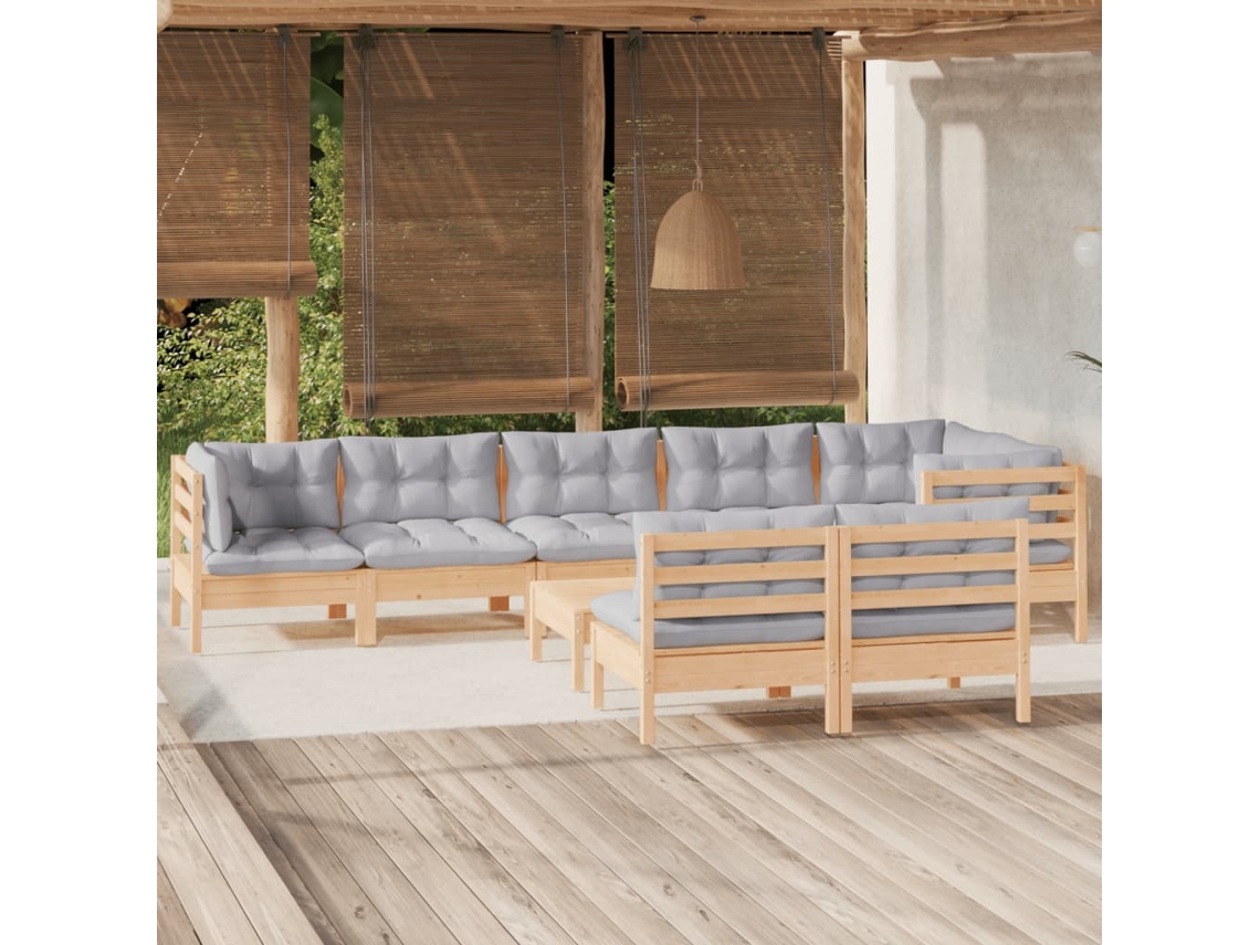 Vidaxl 9 Pcs Conjunto Lounge De Jardim + Almofadões Cinza Pinho Maciço