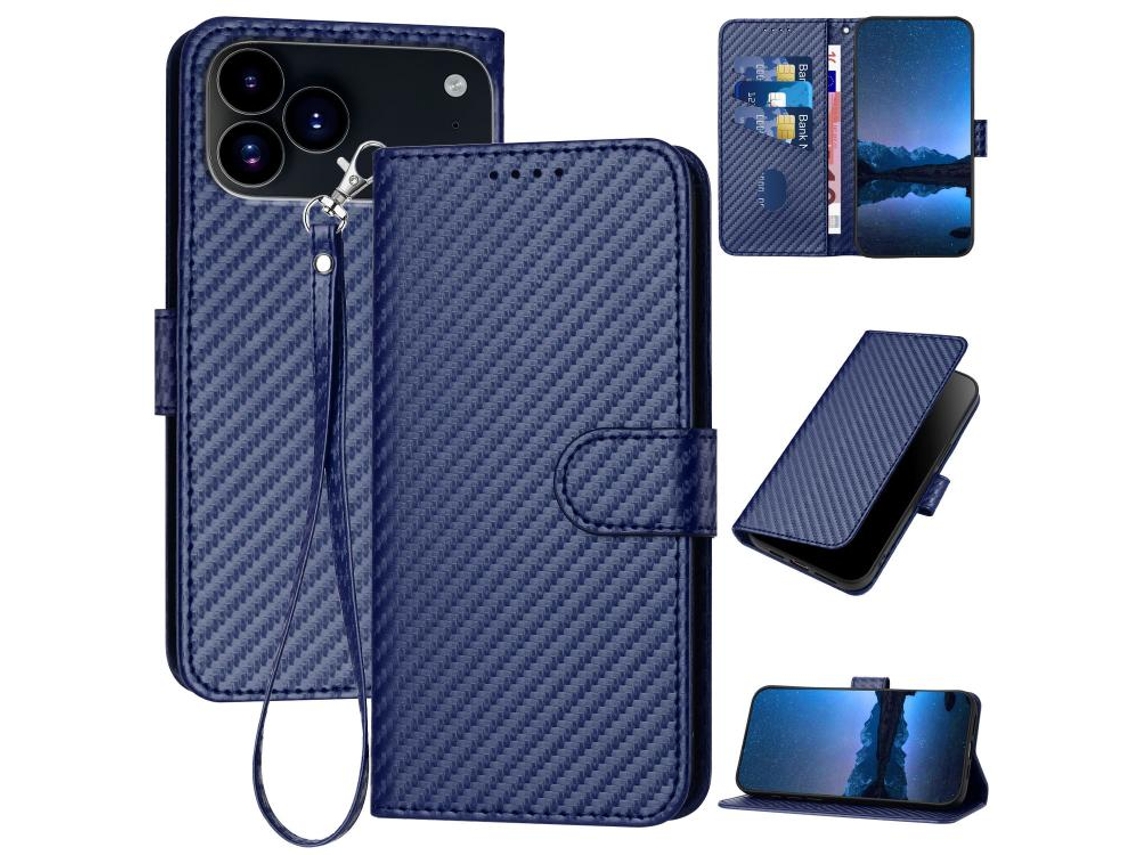 Capa De Couro Para Iphone 17 Pro Max - Fivela Em Fibra De Carbono - Com Cordão