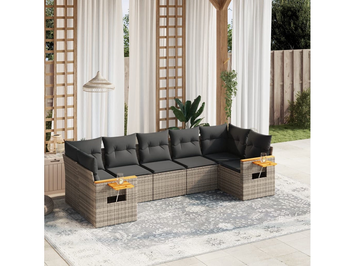 Vidaxl 7 Pcs Conjunto Sofás P/ Jardim C/ Almofadões Vime Pe Cinzento