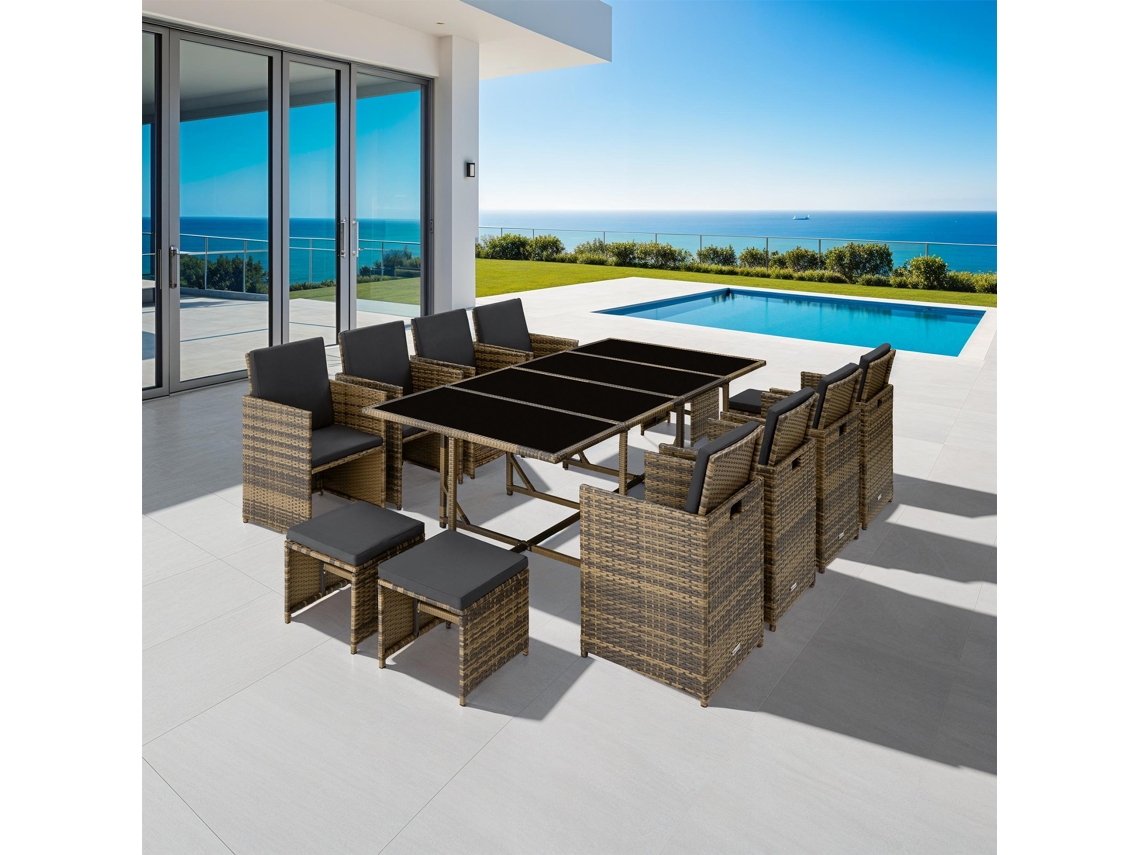 Conjunto Mobiliário Tectake Com 13 Peças Rattan Poli, Fácil Limpeza, 223x109x73 Cm, Natural, Cinzento