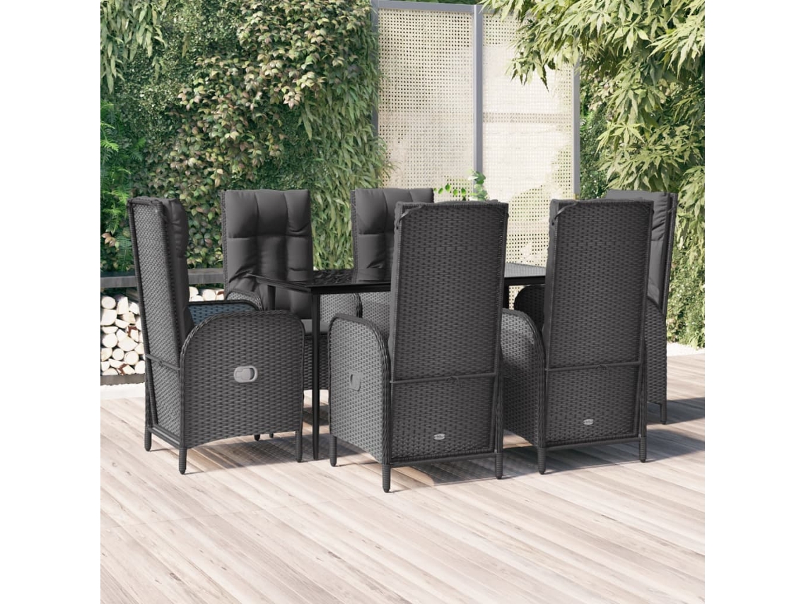 Vidaxl 7 Pcs Conjunto De Jantar P/ Jardim C/ Almofadões Vime Pe Preto