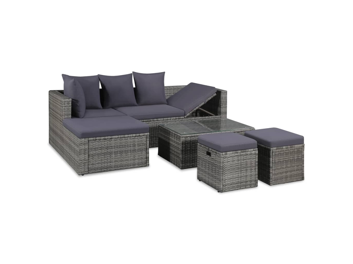 Pcs Conjunto Lounge De Jardim C/ Almofadões Vime Pe Cinzento Dkd Home Decor