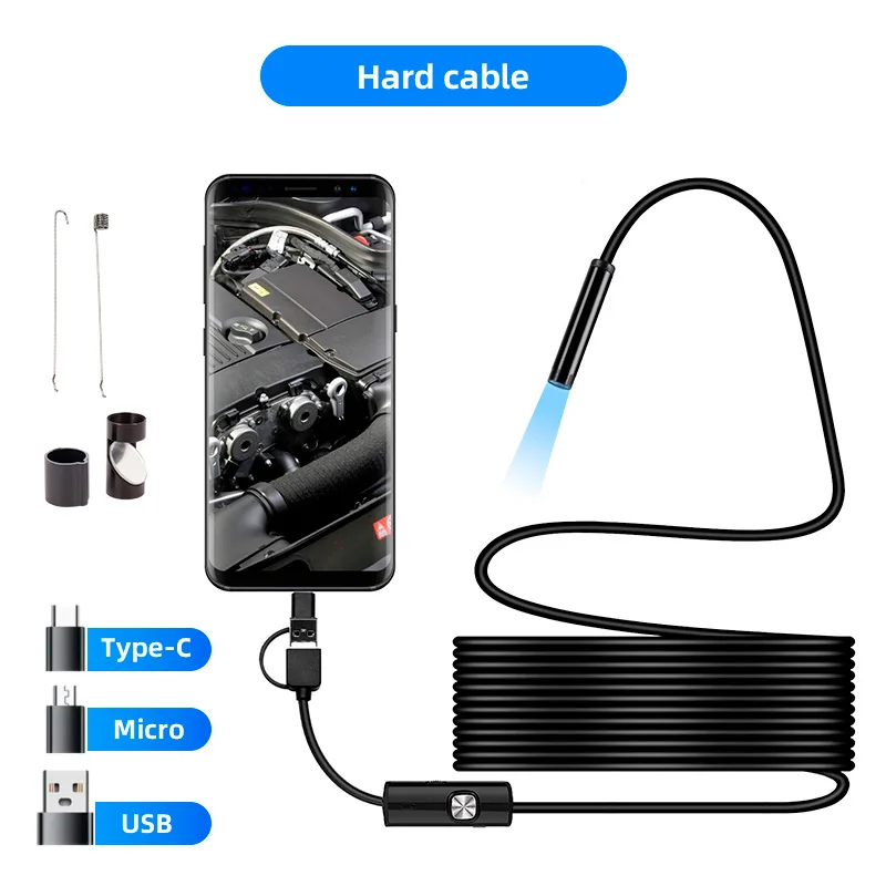 Endoscópio Android 3 Em 1 (cabo Rígido De 7 Mm, 2 M) (interface Micro Usb/tipo C), À Prova D'água Com Luz Led, Para Inspeção Automotiva.