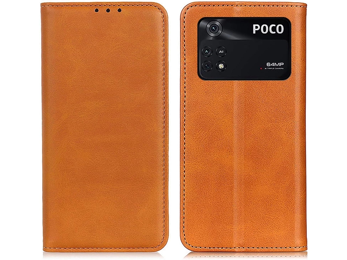 Capa Fólio Genuíno Fecho Oculto para Xiaomi Xiaomi Poco M4 Pro 4G HONGWE. Pele Magnética Castanho