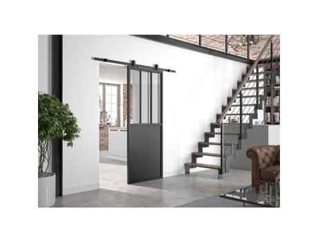 Kit Porta De Correr Optimum Atelier Preto Trilho Aparente 204 X 93 Cm Vidro Transparente