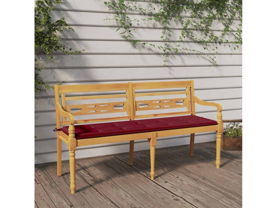 Vidaxl Banco Batavia C/ Almofadão Vermelho Tinto 150 Cm Teca Maciça