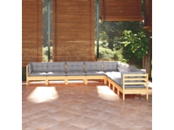 Vidaxl 9 Pcs Conjunto Lounge De Jardim + Almofadões Cinza Pinho Maciço