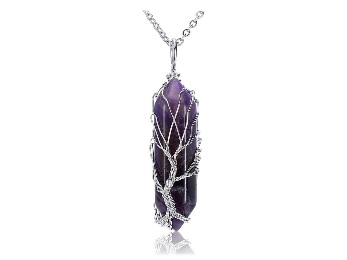 2026-collar De Piedra Natural De Cristal Linjou Árbol De La Vida Plata (amatista)