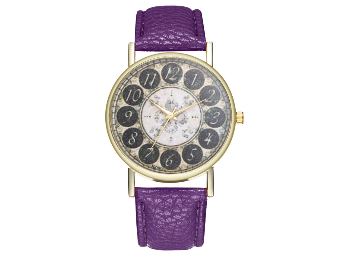 Relógio de pulso clássico analógico de quartzo com pulseira de PU para mulheres e homens (roxo)