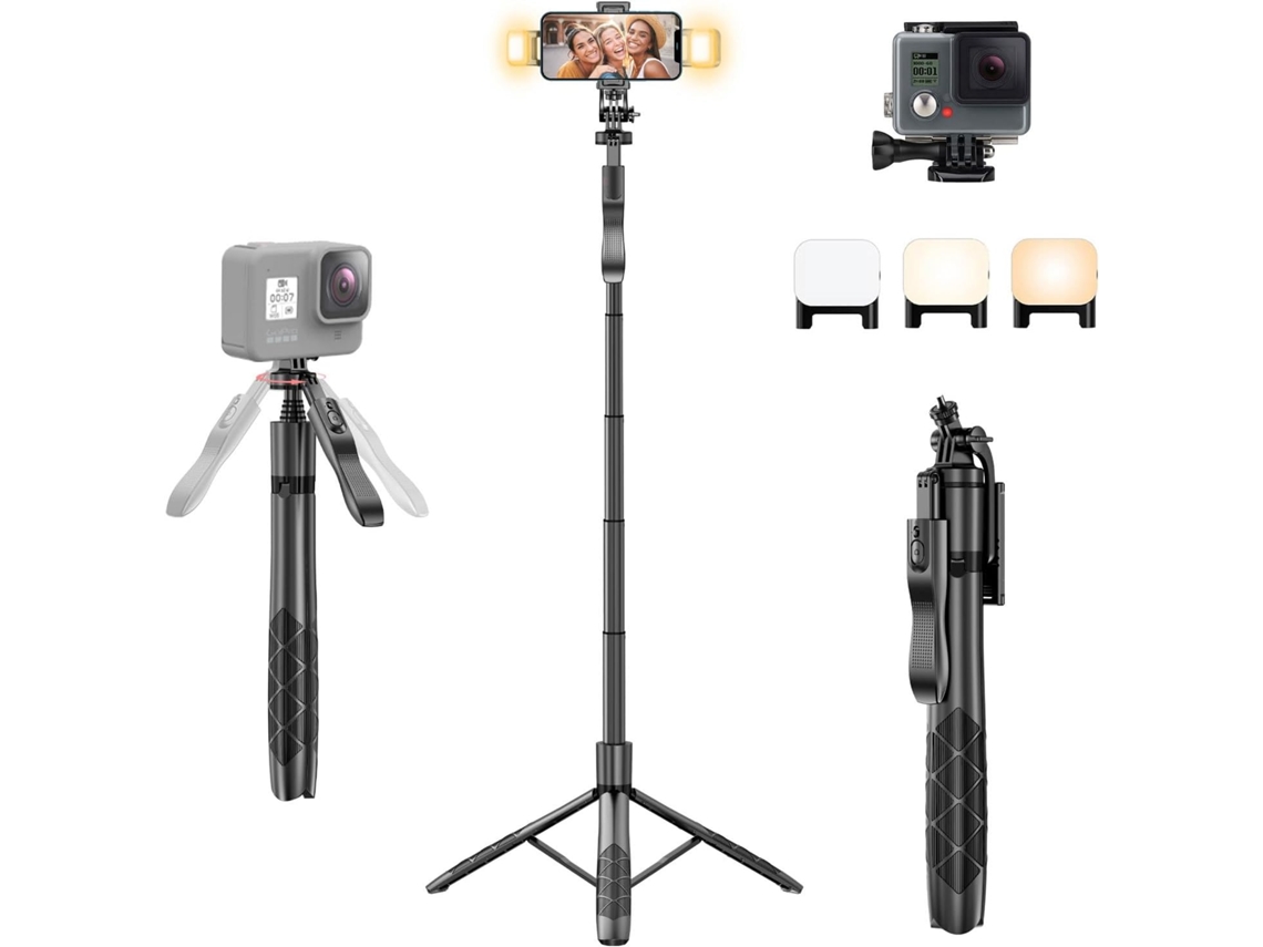 Bastão de Selfie com Tripé e Luz para Celular, Suporte 157 Cm Gravação Selfies, Giratório AQUAFORGE